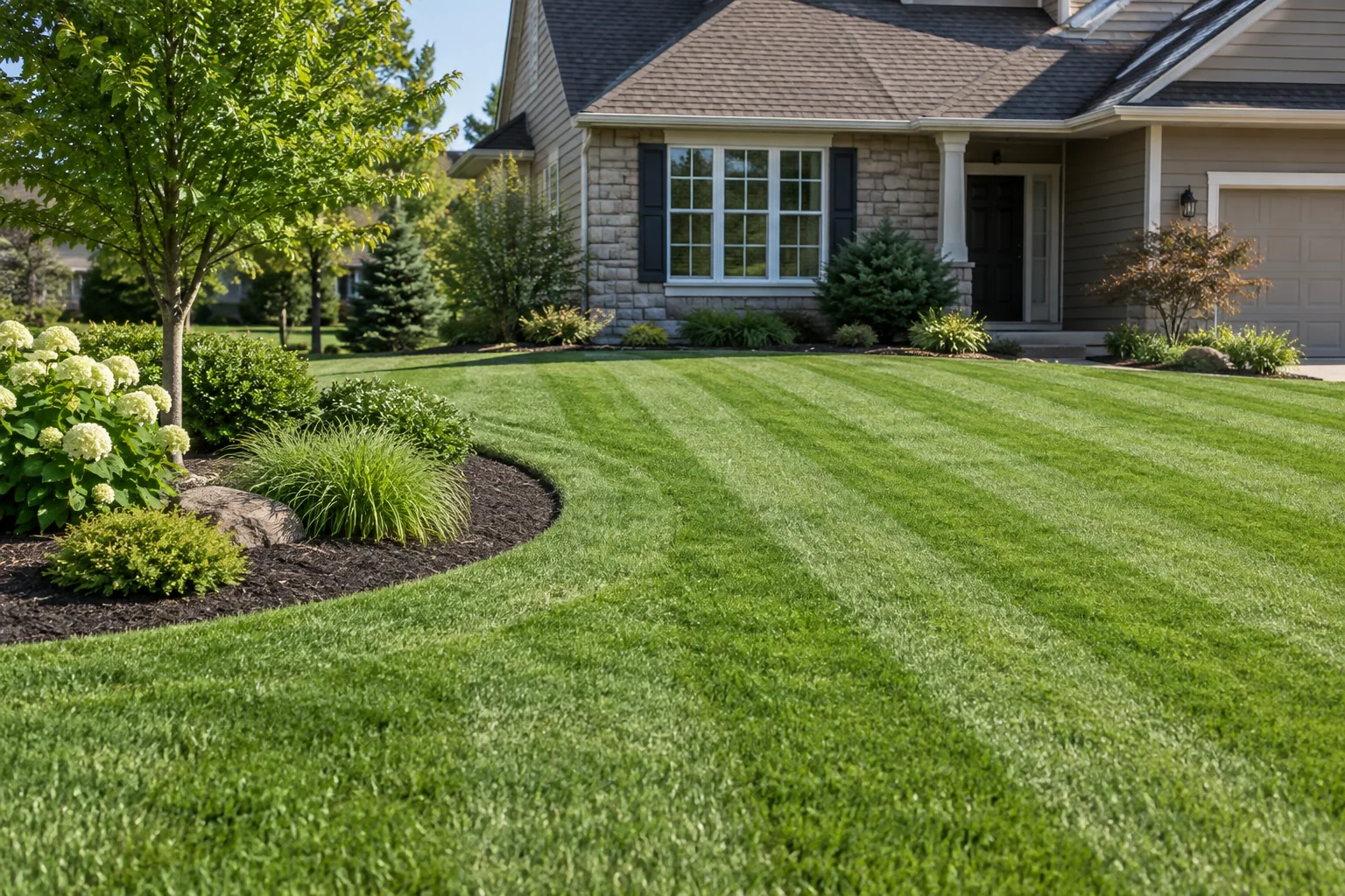 Illustrative striped lawn and landscaped garden around a Midwest home